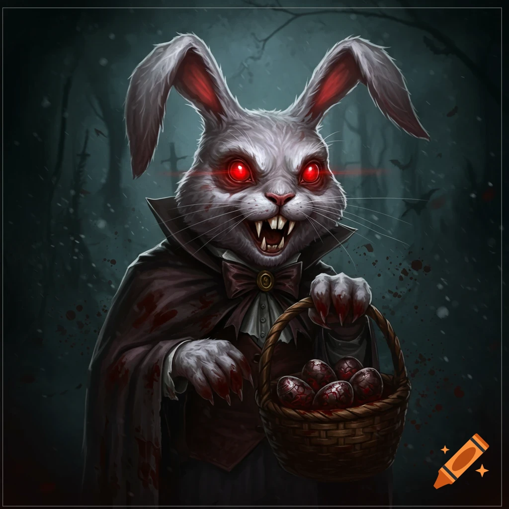 A vampire rabbit with red eyes and fangs, wearing a cape, holding a basket of bloody Easter eggs in a dark forest.