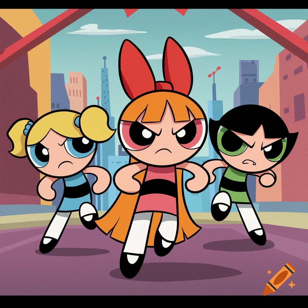 The Powerpuff Girls, Blossom, Bubbles, and Buttercup, running through a cityscape in a cartoon style.
