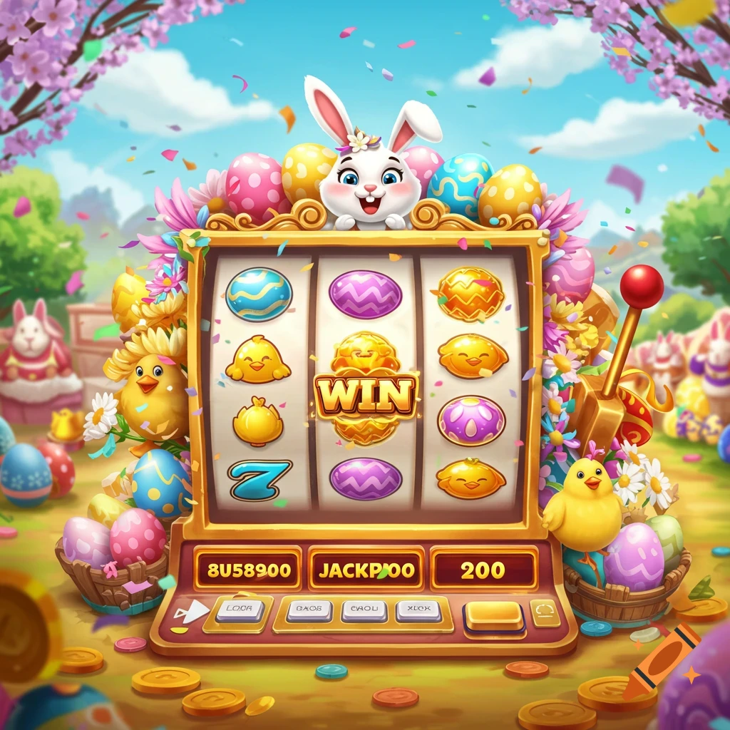 An Easter-themed slot machine shows a 'WIN' jackpot, with a bunny, chicks, and and Easter eggs.