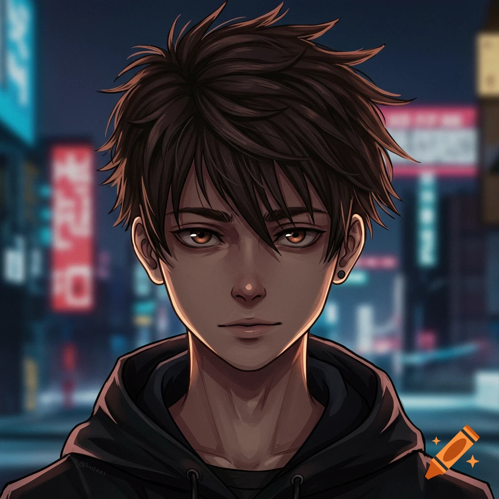 Anime-style portrait of a young man with brown hair and eyes in a black hoodie against a blurred neon city background.