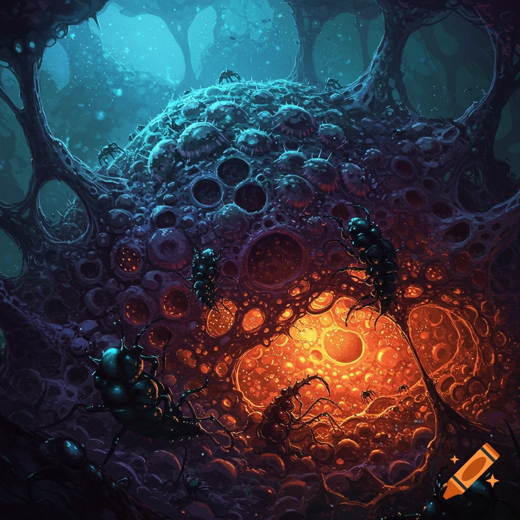 Alien bug nest with beetle-like creatures.