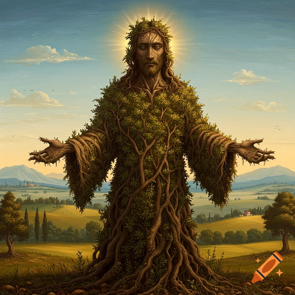 Jesus figure made of trees standing in a landscape with outstretched arms