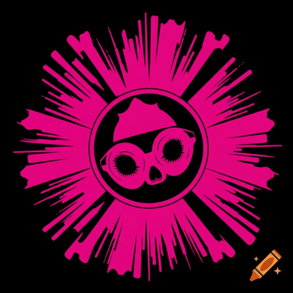 A hot pink and black vector graphic of a stylized skull wearing goggles and a hat, surrounded by spikes.