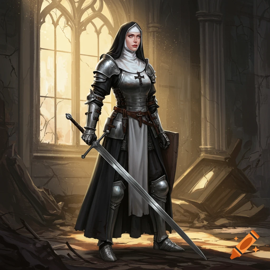 A nun in armor holds a large sword in a ruined church.