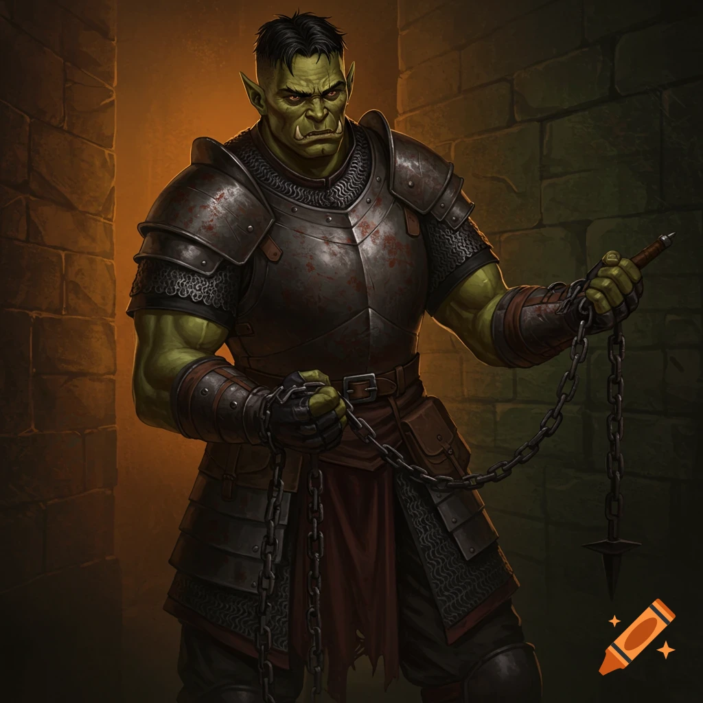 An orc warrior in bloody armor holding a spiked chain weapon in a stone dungeon.