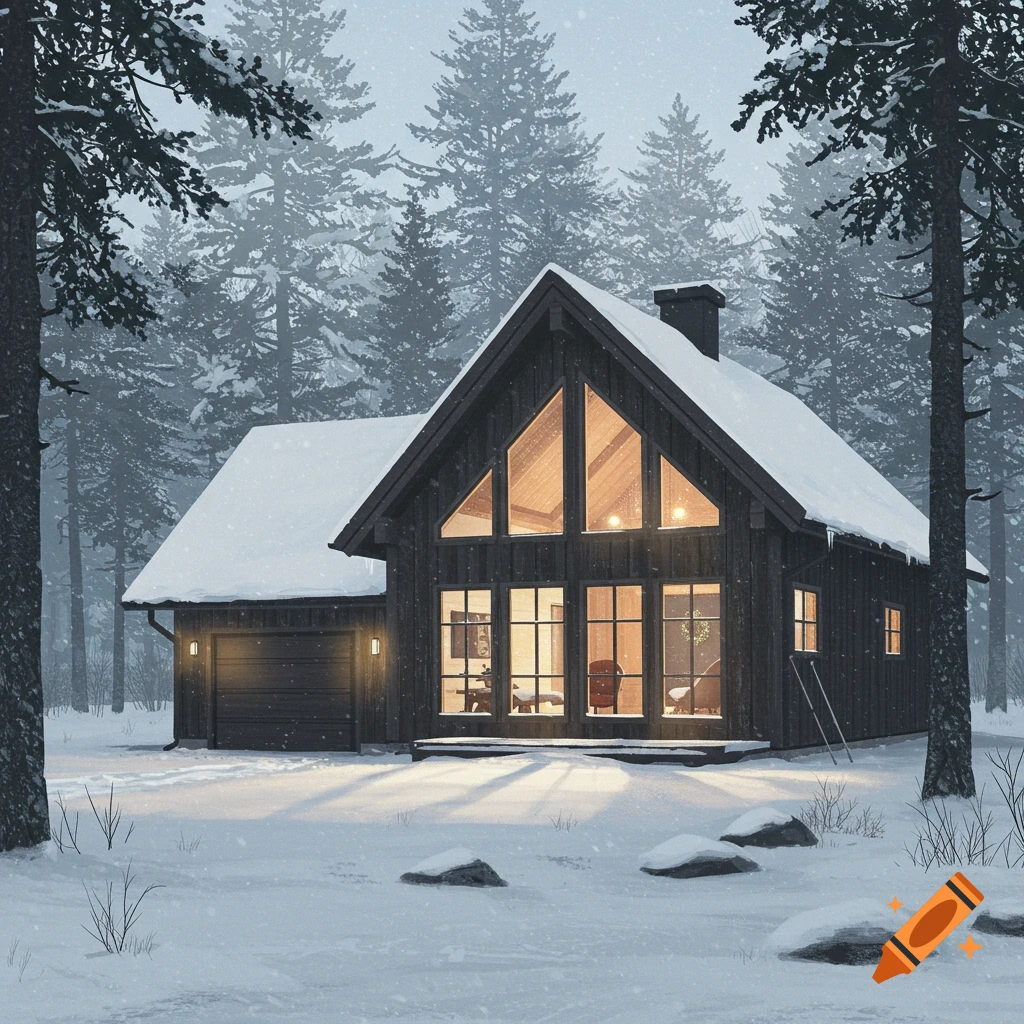 A wooden chalet nestled in a snowy forest during a snowfall.