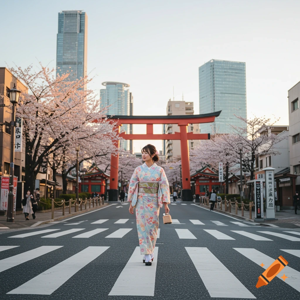 A woman in a kimono walks across a street crossing in Japan, with cherry blossoms and a torii gate.