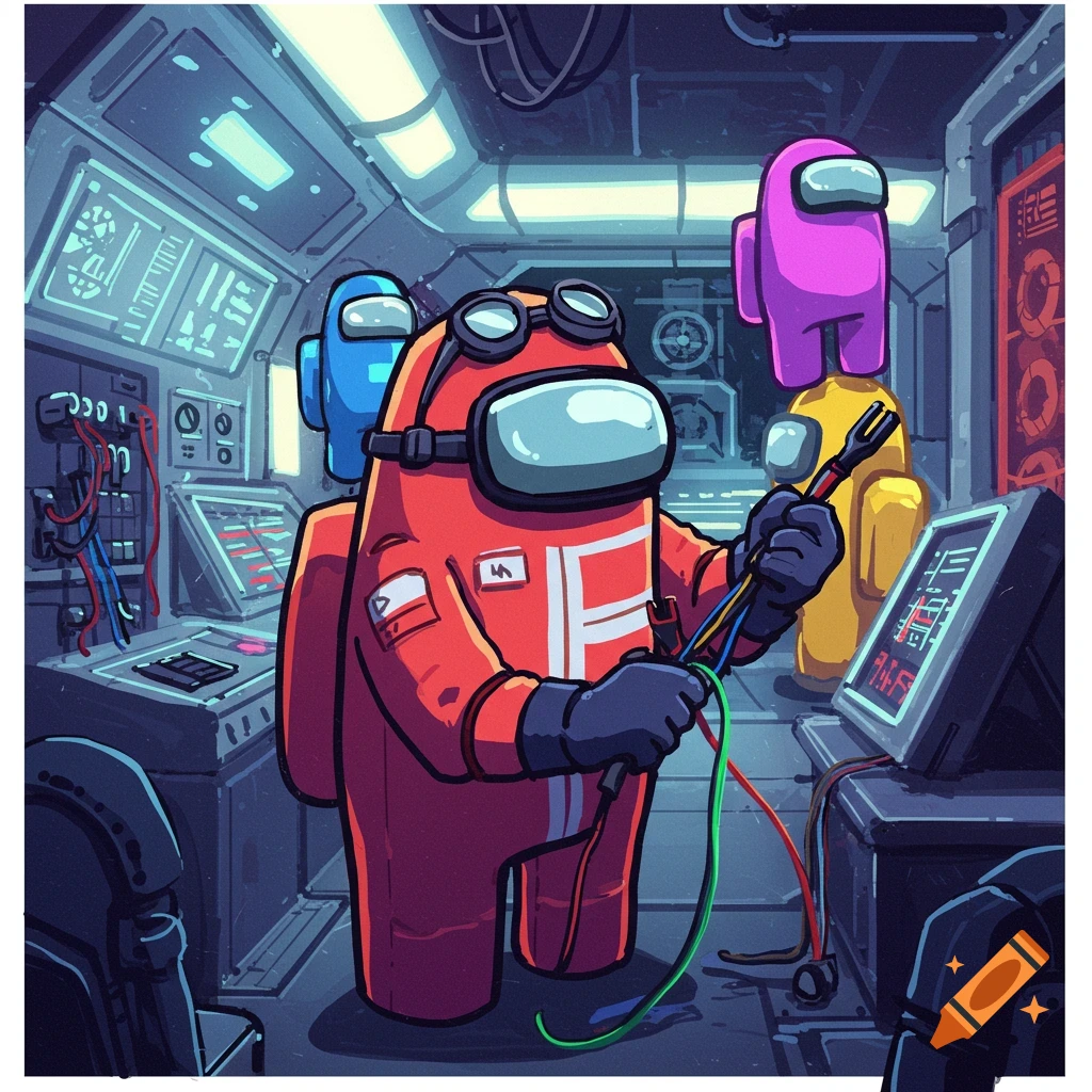 Among Us characters in a spaceship, with red character fixing wires.