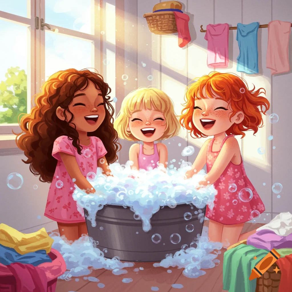 Three cheerful young girls playing in a bubbly laundry tub in a whimsical scene.
