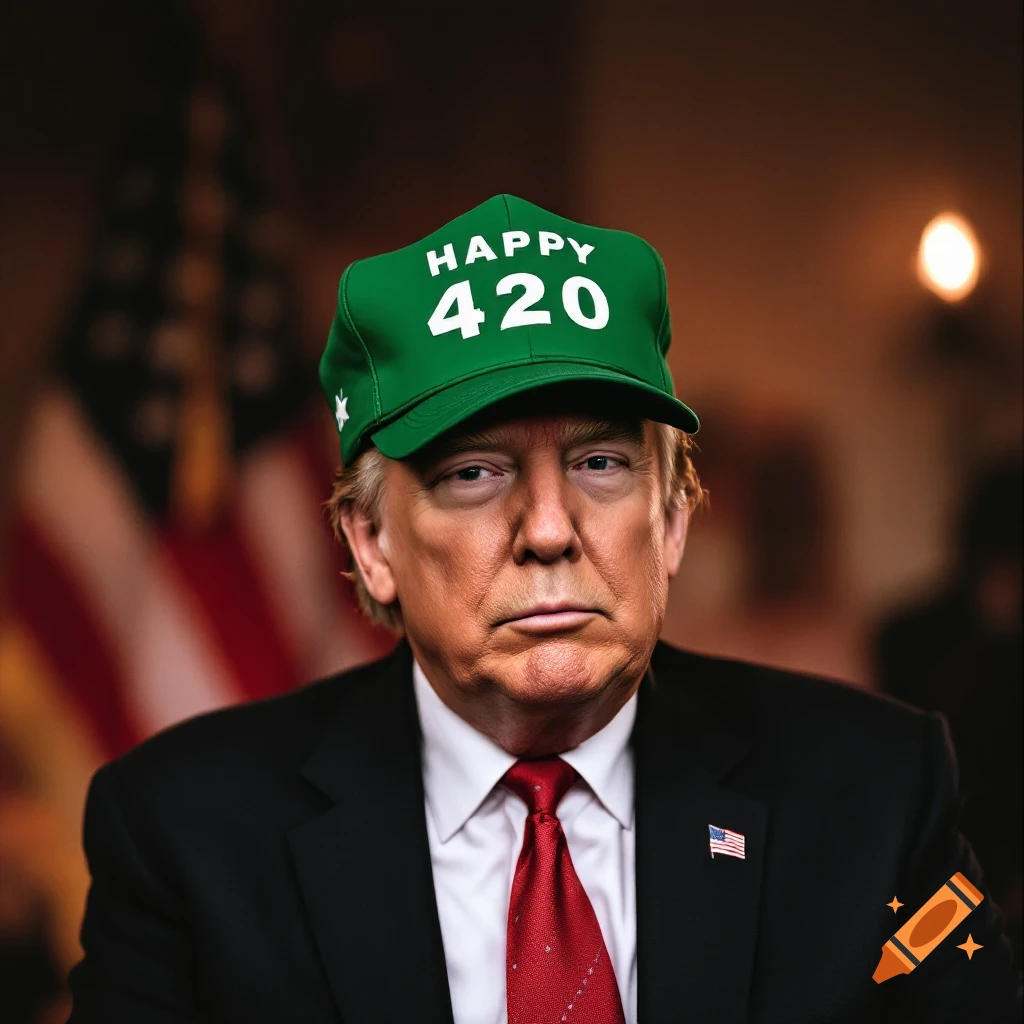 Portrait of a man resembling Donald Trump wearing a green cap that says HAPPY 420