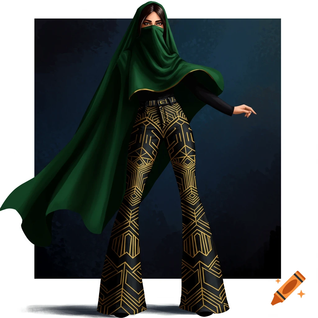 A woman is shown veiled, wearing a green cloak and black and gold patterned flared pants.