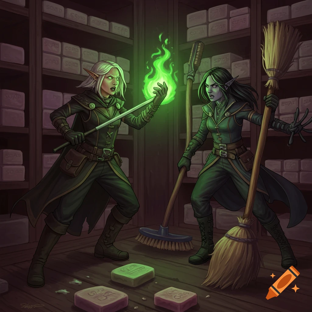 Two elves battling with magic and brooms in a room filled with bars of soap.