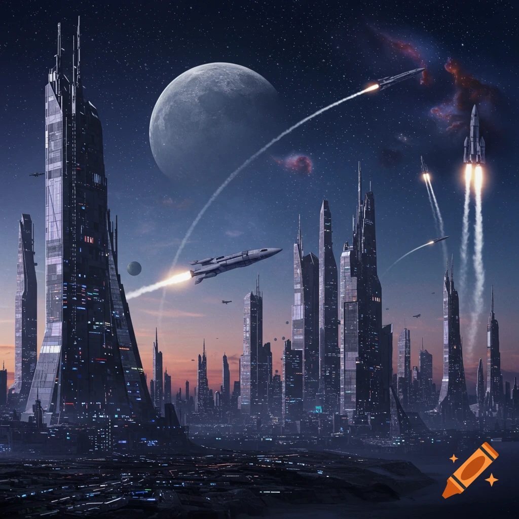A futuristic city skyline at night with spaceships launching into a starry sky with a large moon.