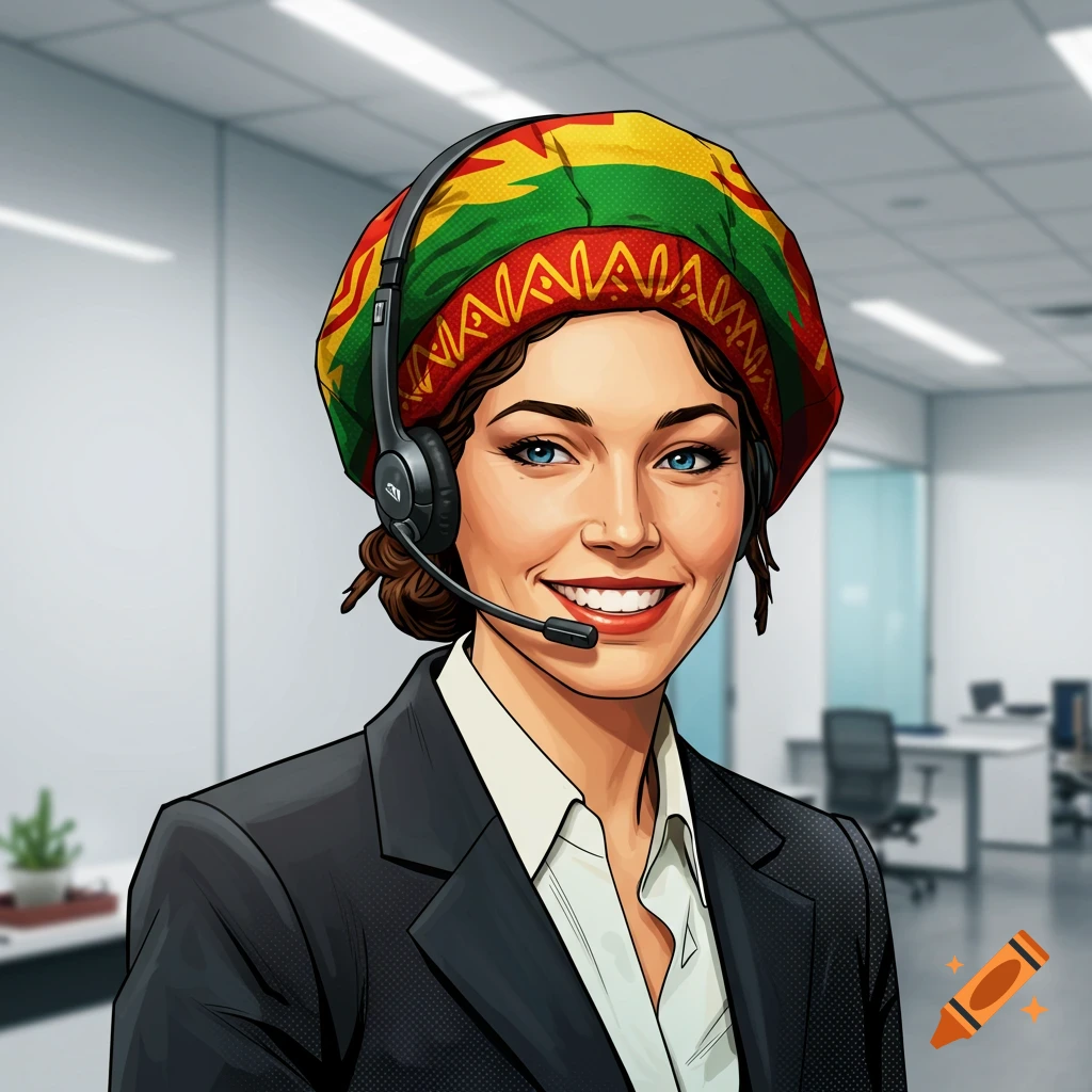 Portrait of a woman in a headset, rasta cap, and business suit in an office.