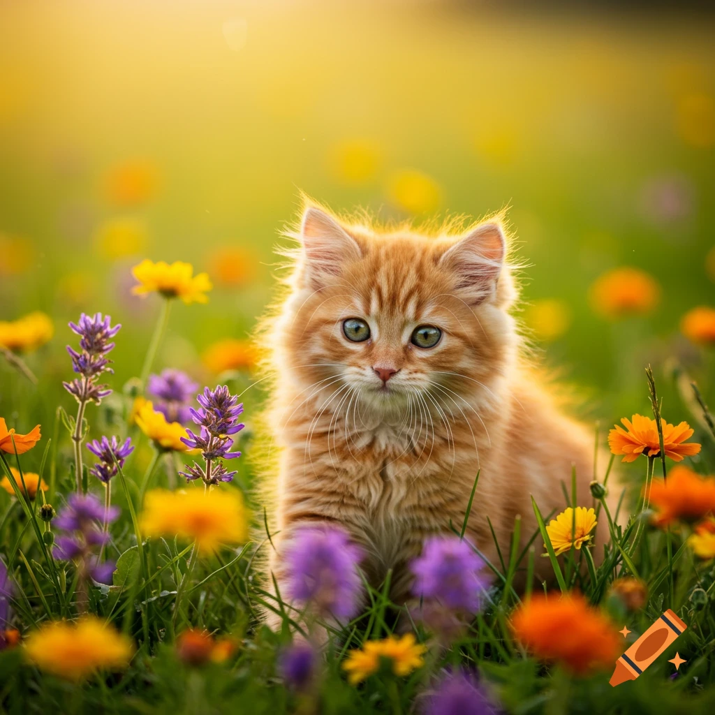 A fluffy orange kitten sits among colorful wildflowers in a sunny meadow.