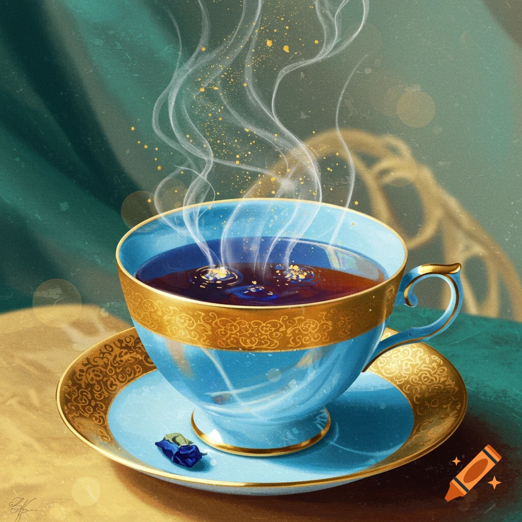 Steaming blue and gold teacup and saucer with a small blue flower.