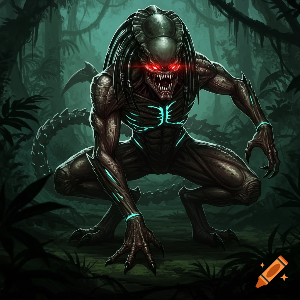 A crouched alien creature resembling a Predator with red eyes and blue bioluminescent markings in a dark jungle.