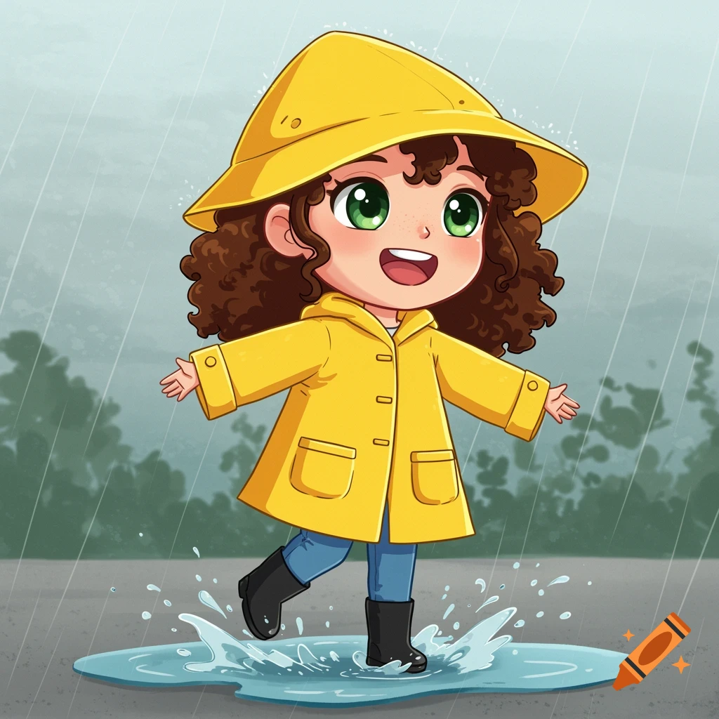 A cartoon girl in a yellow raincoat and hat splashes in a puddle on a rainy day.