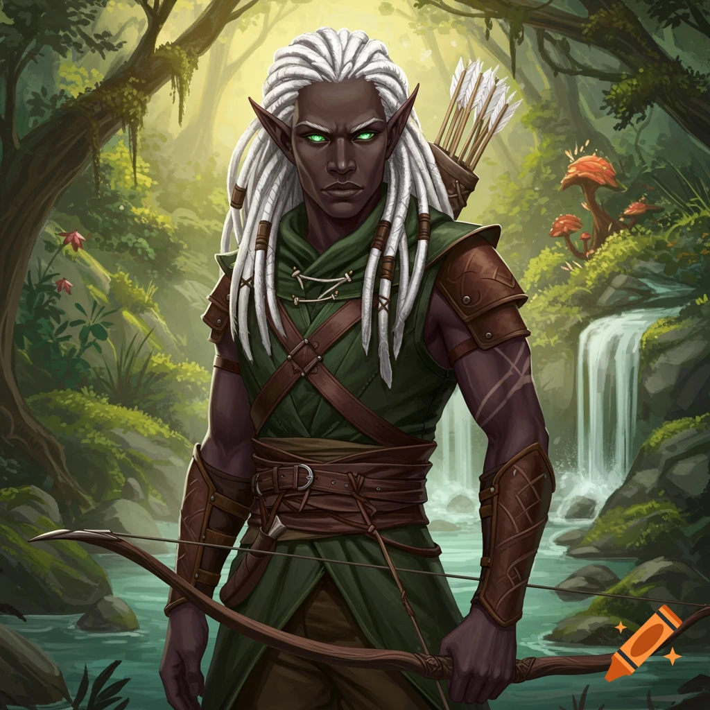 An elf ranger with dark skin, white dreadlocks, and green eyes, holds a bow in a sunlit forest.