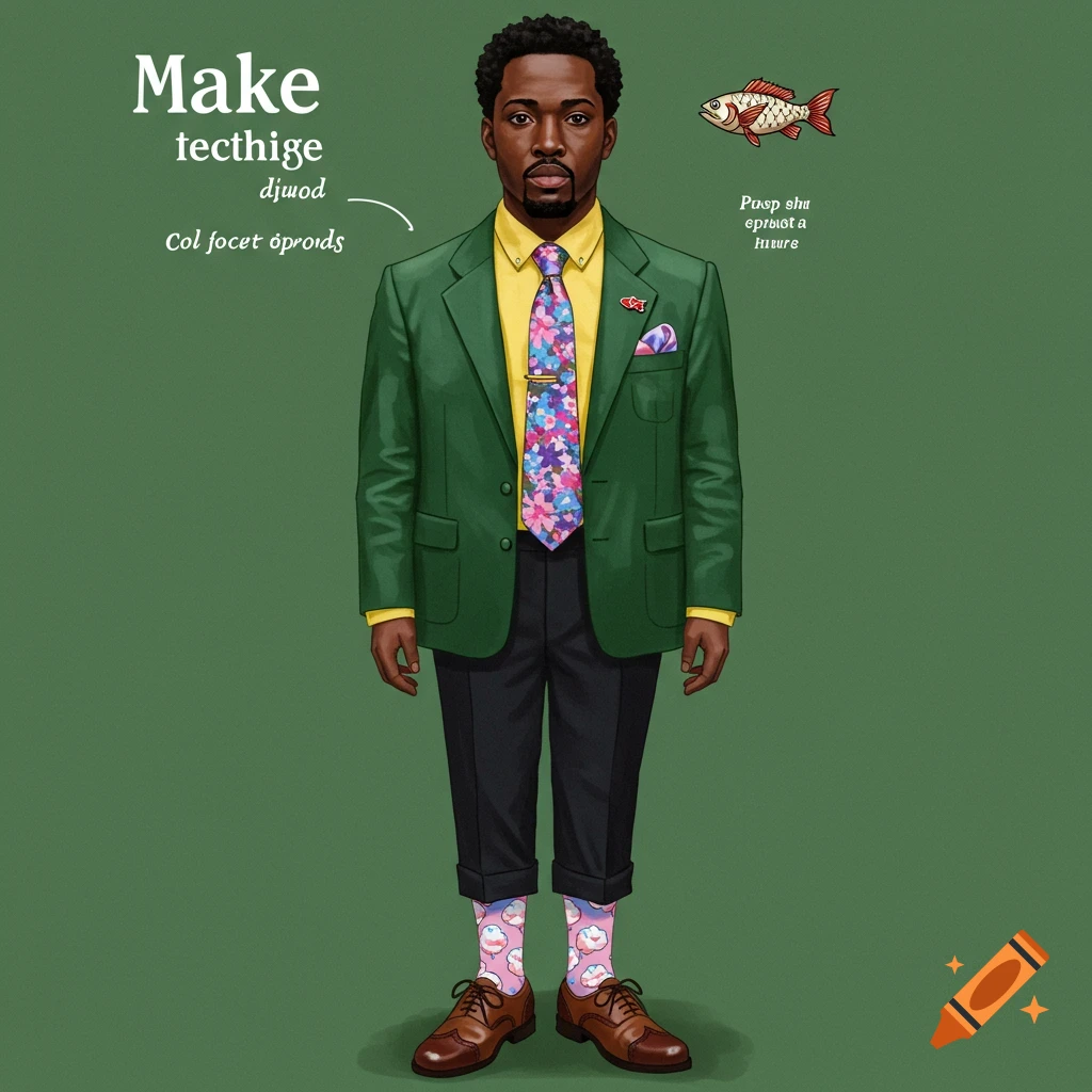 Illustration of a man in a green suit, yellow shirt, floral tie, black pants, and patterned socks, standing next to a small fish.