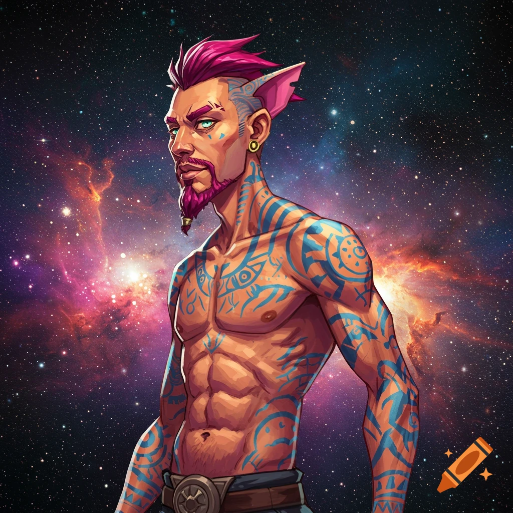 A muscular man with pink hair, tattoos, and cat ears stands against a colorful space background.