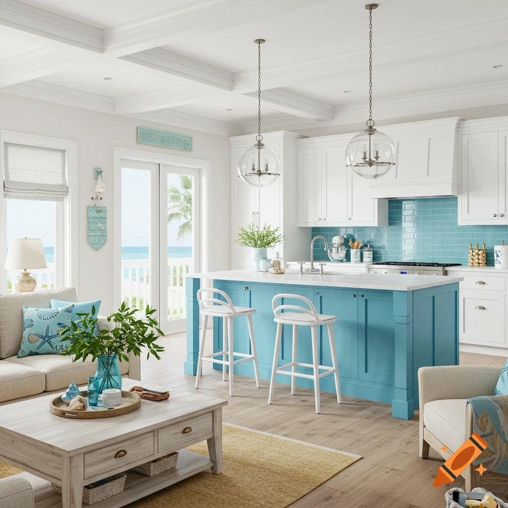 A bright coastal-style living room and kitchen featuring a blue island, white cabinetry, and ocean view.