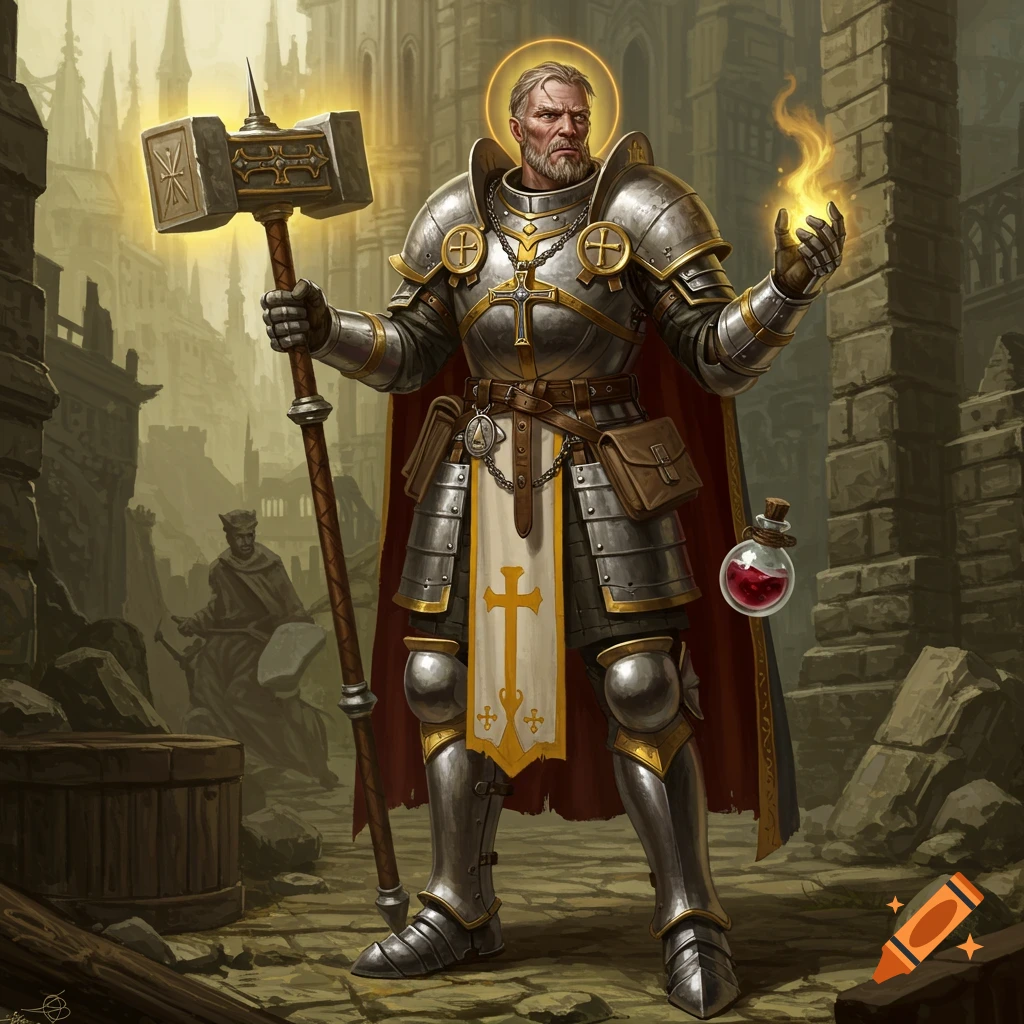 A male battle cleric in silver armor holds a hammer and glowing hand in a ruined city.