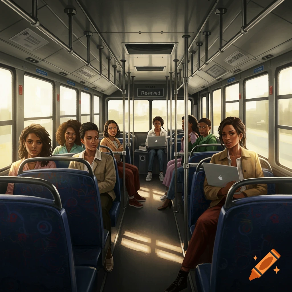 Several women of color are sitting on a sunny bus.