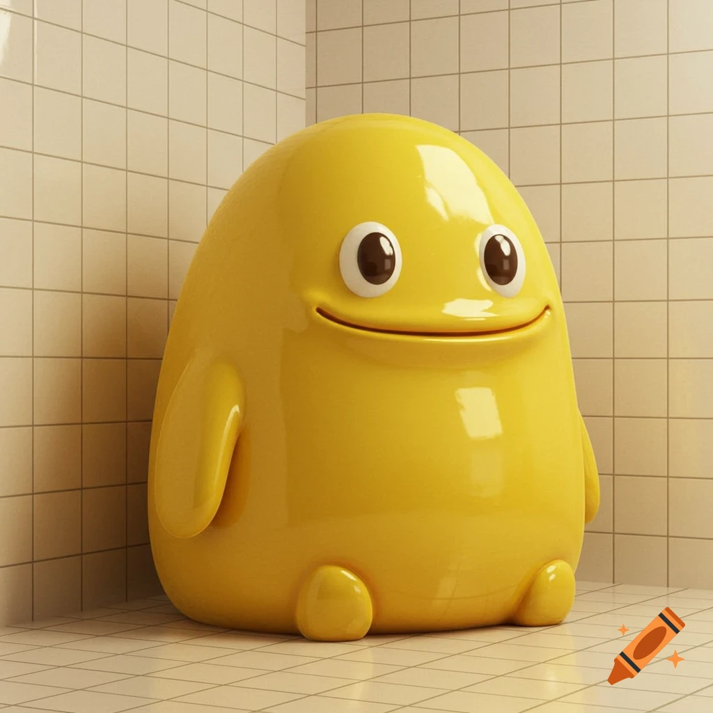 A bright yellow cartoon character stands in a tiled room.