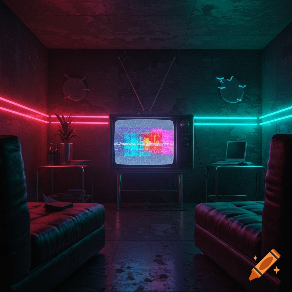 Retro future room with static TV and red and cyan neon lights