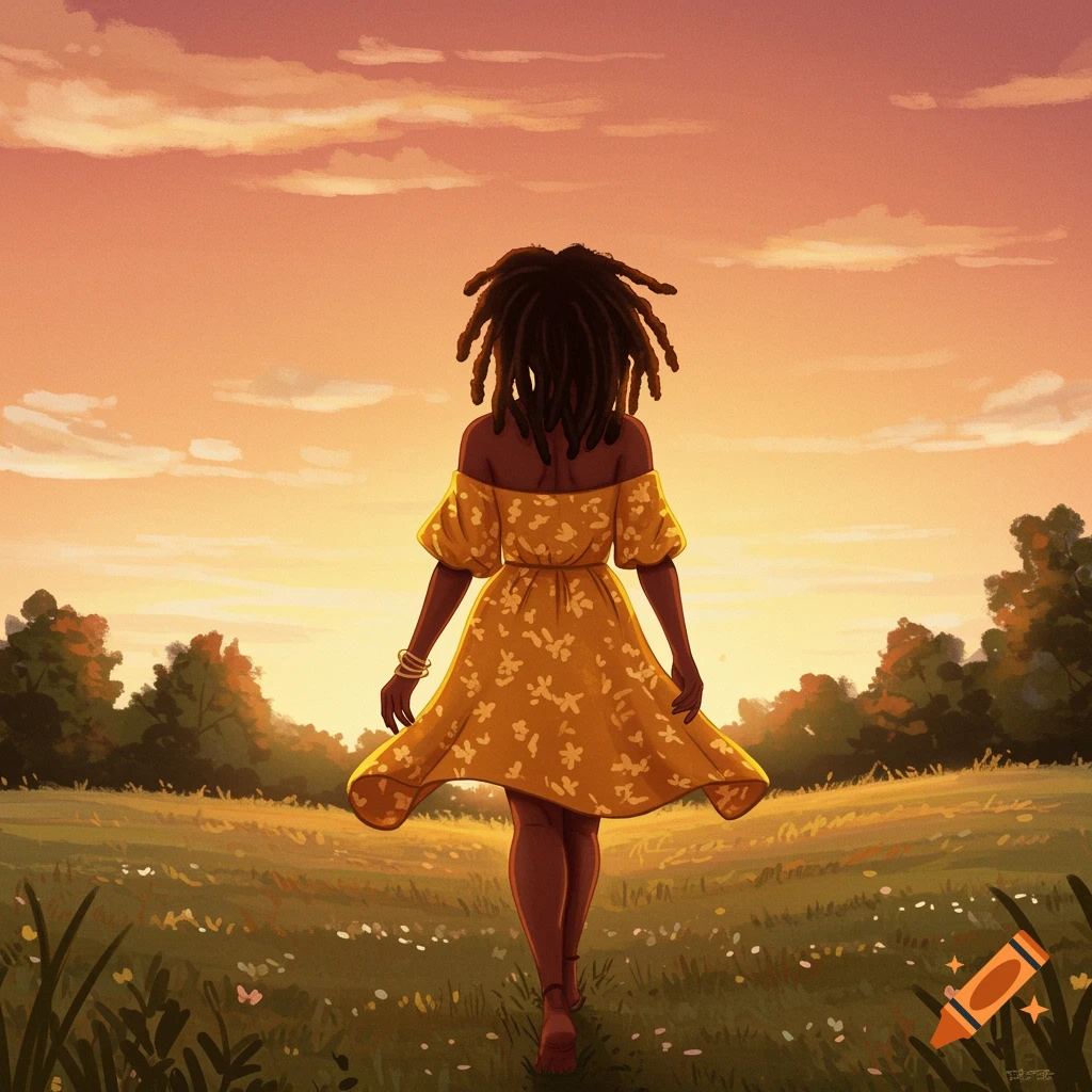 A woman with locs walks away in a yellow floral dress through a grassy field at sunset.