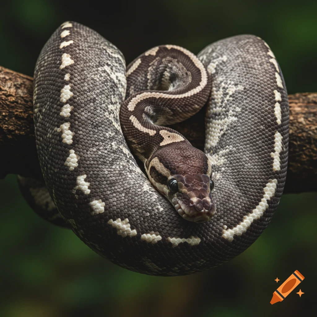 A ball python coils around a branch in a forest setting.