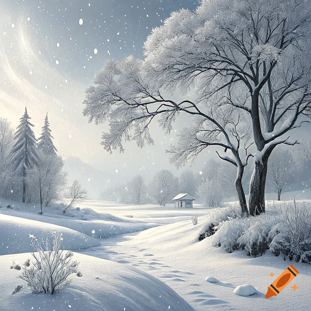 A snowy winter landscape with trees, a stream, and a small house under falling snow.