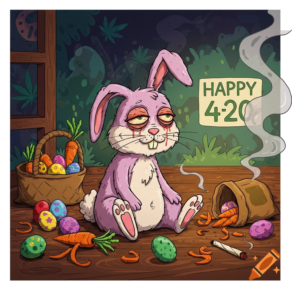 Cartoon Easter bunny appearing high, sitting amidst Easter eggs, carrots, and a joint, with a 'HAPPY 4-20' sign.