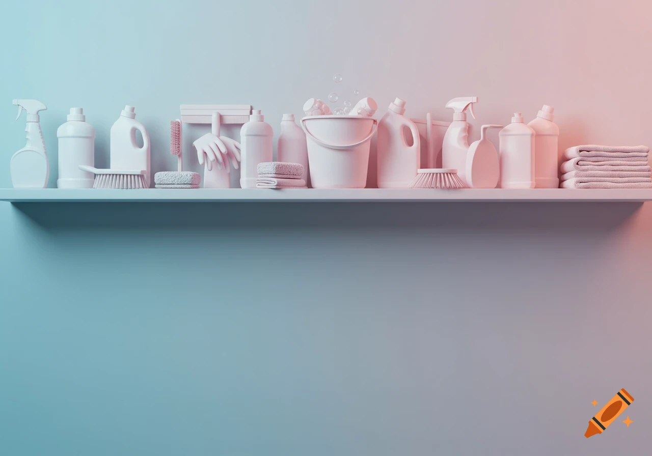 Pastel pink cleaning supplies neatly arranged on a shelf against a blue and pink background