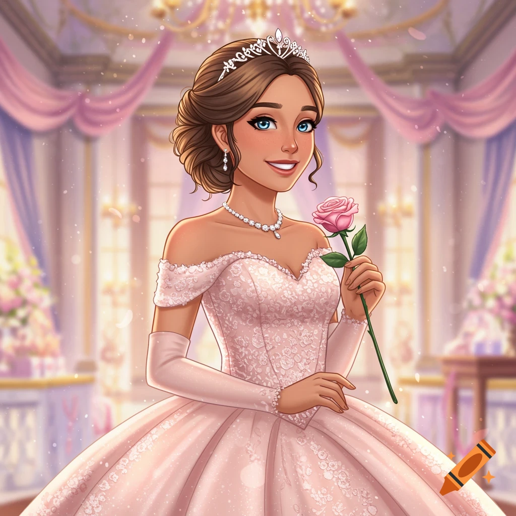 A girl in a pink ballgown and tiara holds a rose in a ballroom.