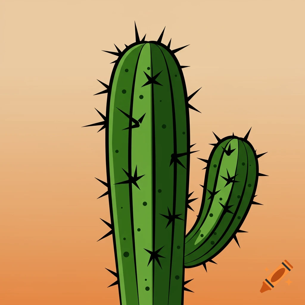 A cartoon vector graphic illustration of a green cactus against an orange background.