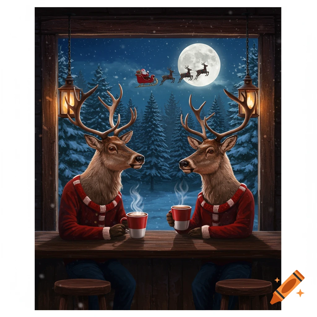 Two reindeer in sweaters drink hot chocolate at a bar, watching Santa's sleigh fly across a full moon outside the window.