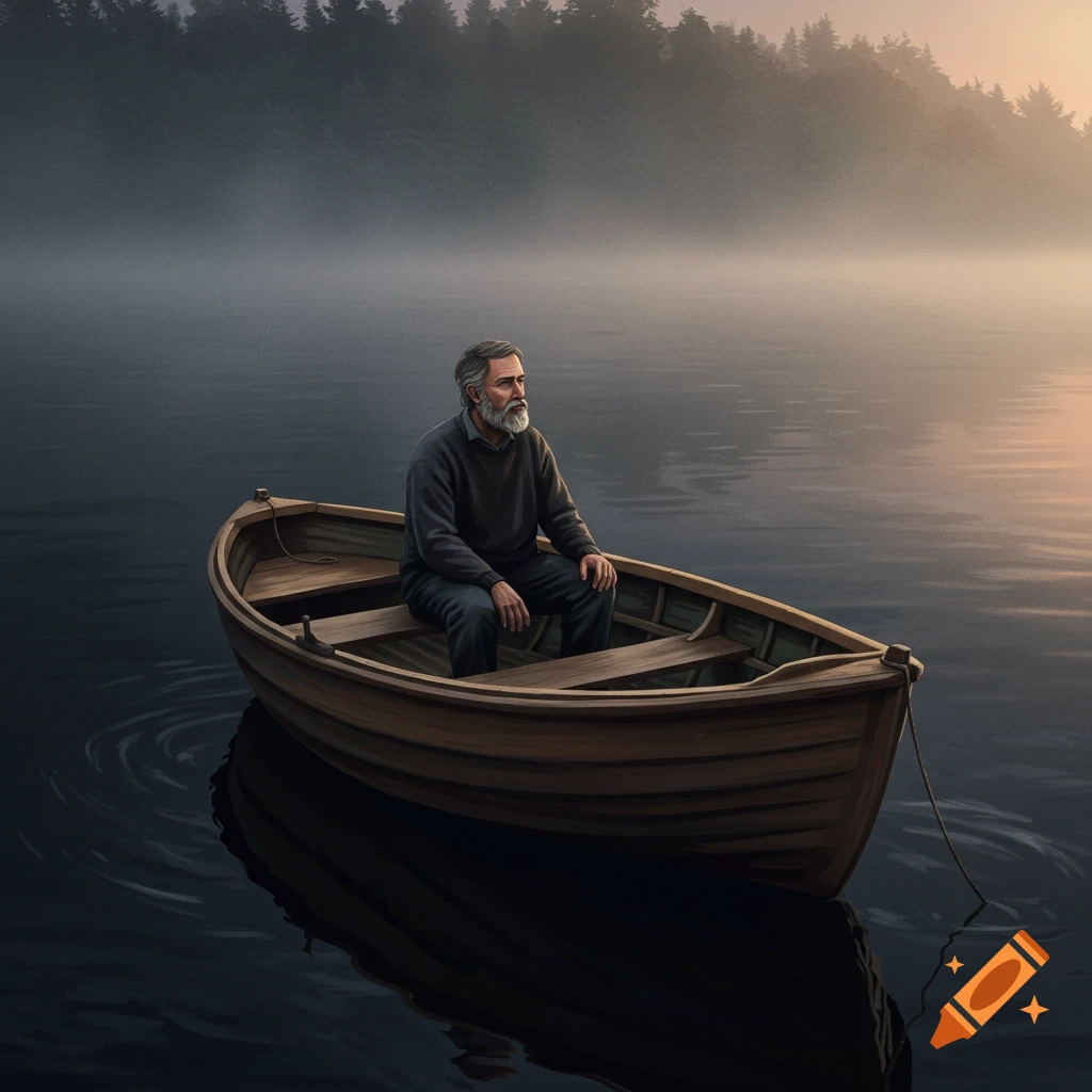 A lone figure sits in a wooden boat, drifting on a misty lake as the sun rises.