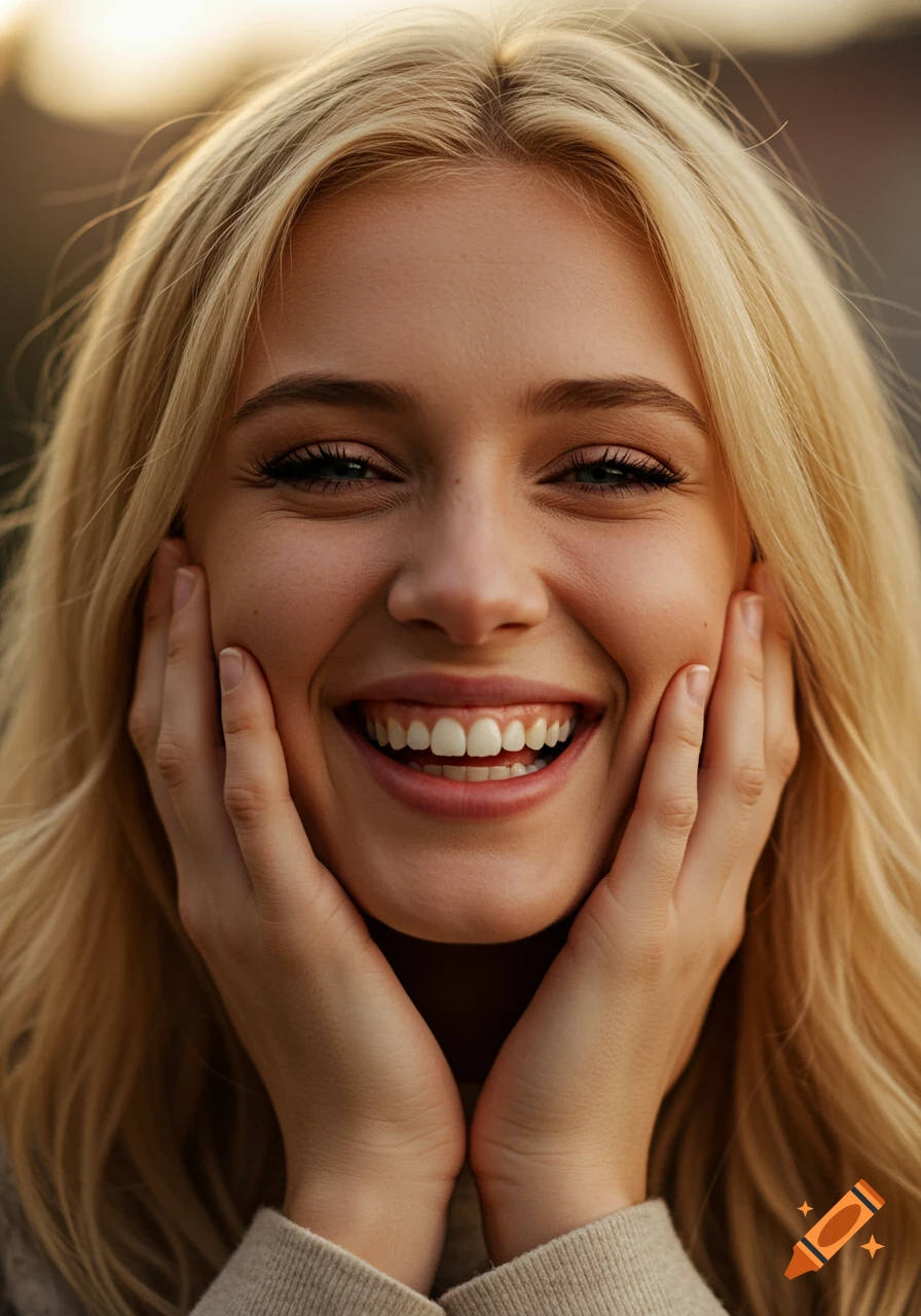 Close-up portrait of a blonde woman laughing happily and holding her face.