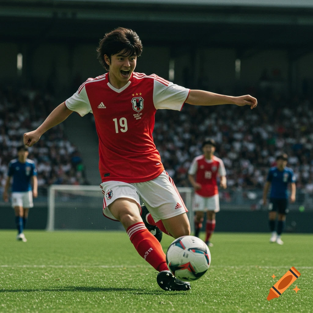 A young man in a red and white football jersey kicks a ball on a field.