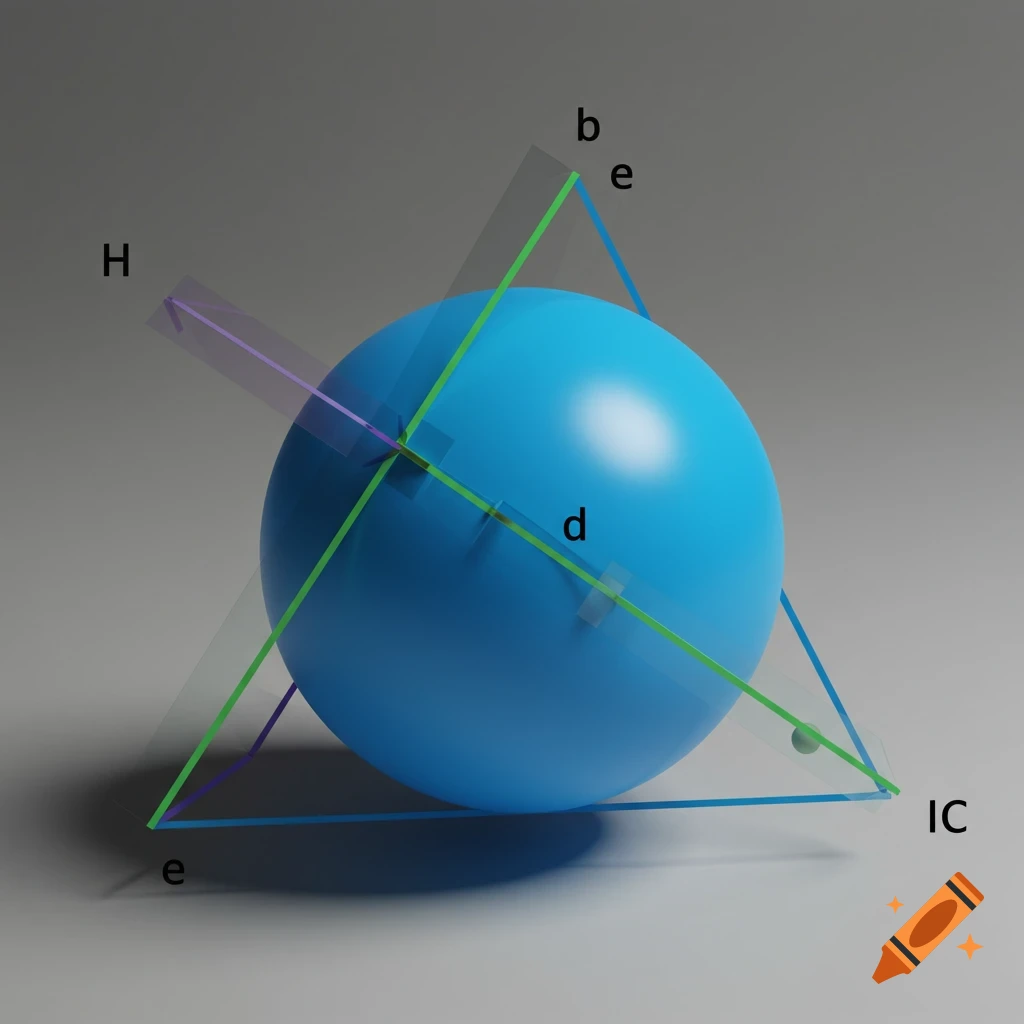 A 3D render of a blue sphere intersected by three translucent planes, forming a spherical triangle and other shapes, with labels on vertices and lines.