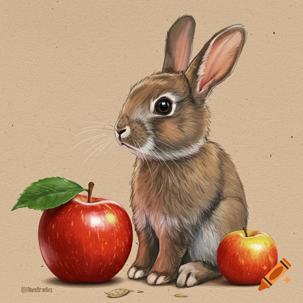 A rabbit sits next to two apples