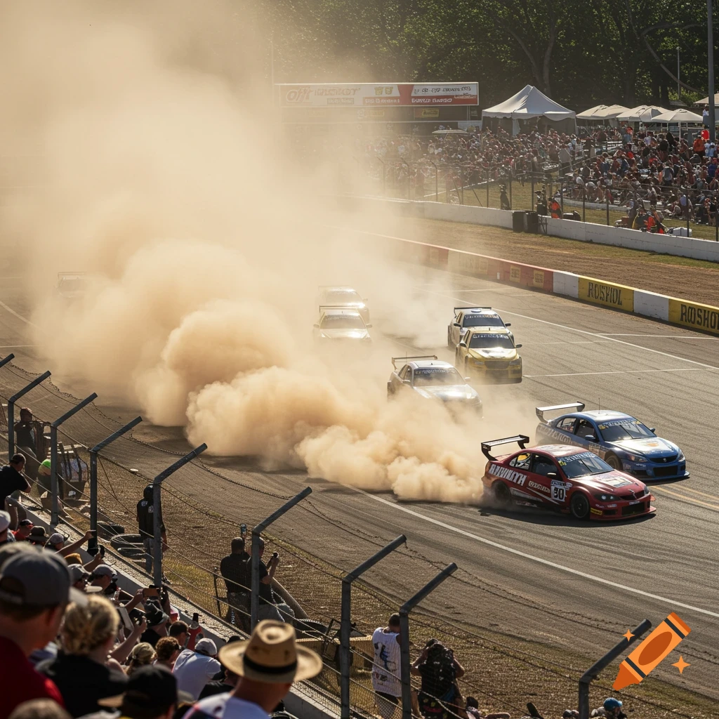 Race cars kicking up dust on a speedway track with spectators watching.