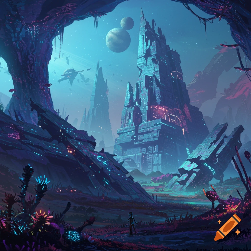 A figure stands among futuristic alien ruins and glowing plants under alien planets.