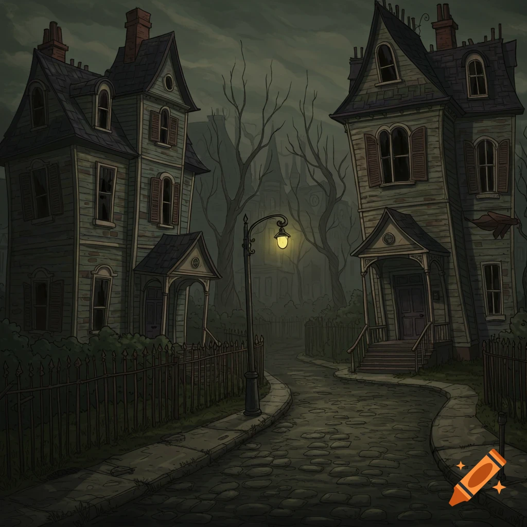Two crooked houses on a cobblestone street at night with a lamp post and bare trees, creating a creepy atmosphere.