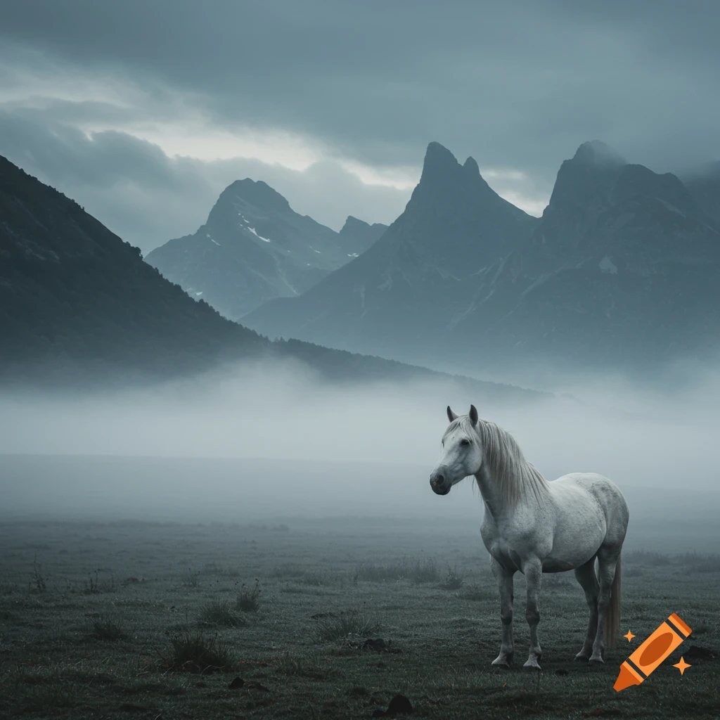 A white horse stands in a misty field before dark mountains.