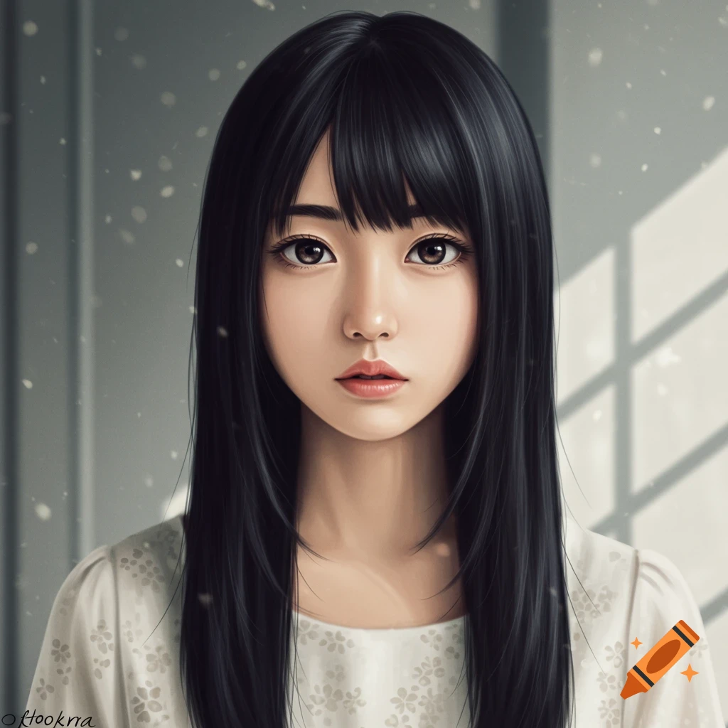 A young woman with long black hair, indoors with light filtering through a window.