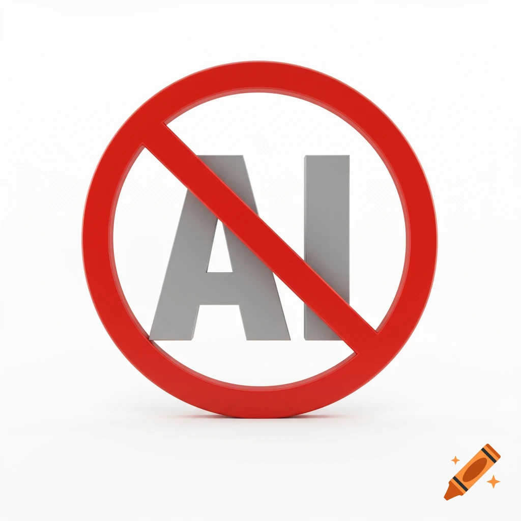 A red prohibition symbol over the letters AI, rendered in 3D.
