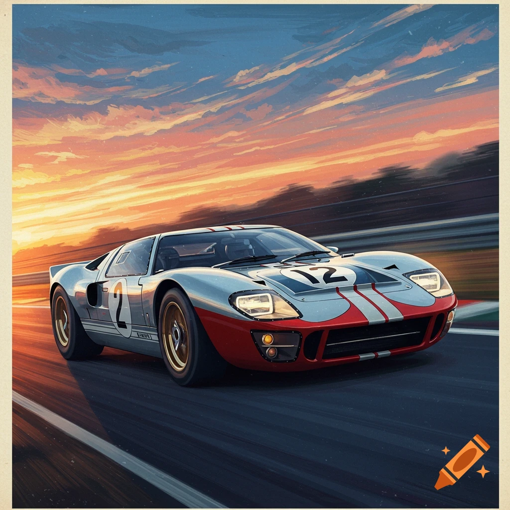 A vintage race car with numbers 12 and 2 speeds on a track at sunset.